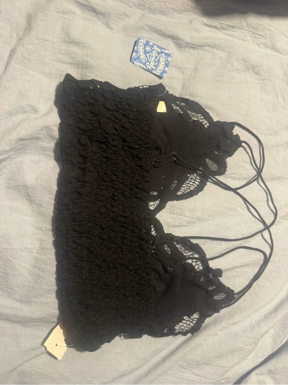 Free People Black Lace Smocked Bandeau Top with Double Straps